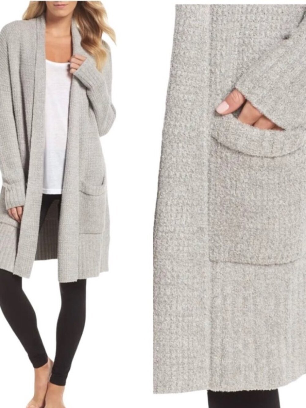 Barefoot Dreams Cozychic Lite Long Weekend Waffle Knit Pewter Tan Cardigan Sz S